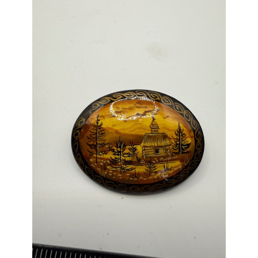 Vintage Russian Hand Painted Lacquer Brooch Landscape Church Miniature Art Pin